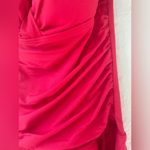 NWT Chaps one piece tummy control red/pink halter neck swimsuit with skirt; 16 - Picture 3 of 9